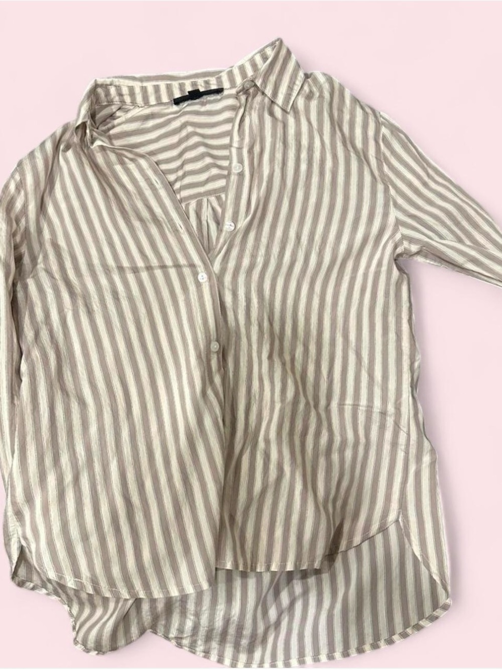 Jane and Delancey Taupe and White Striped Button-Down Shirt